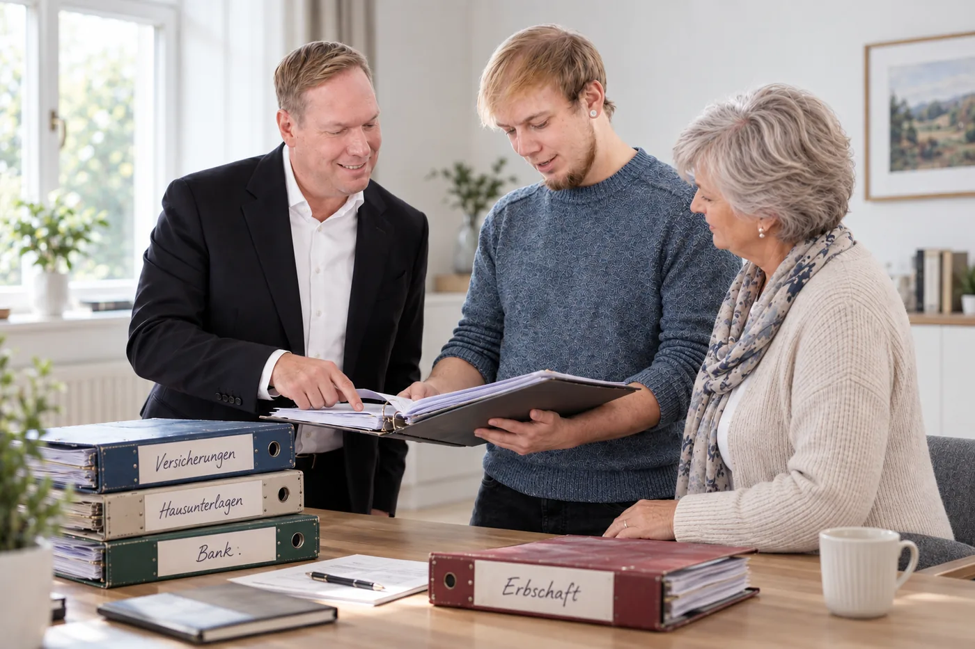 Burkhart Krieglsteiner sieht mit einer Familie Unterlagen durch