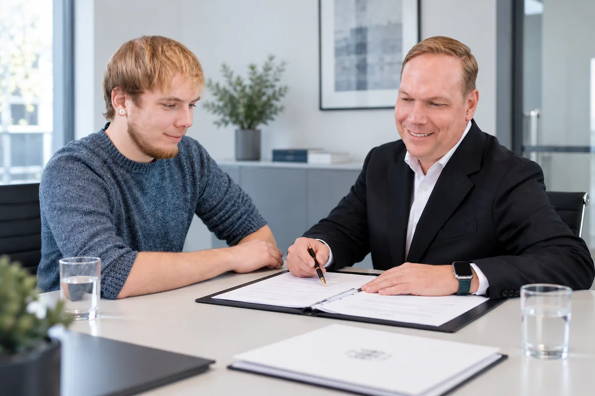 Burkhart Krieglsteiner und ein junger Mann beim Unterzeichnen von Unterlagen