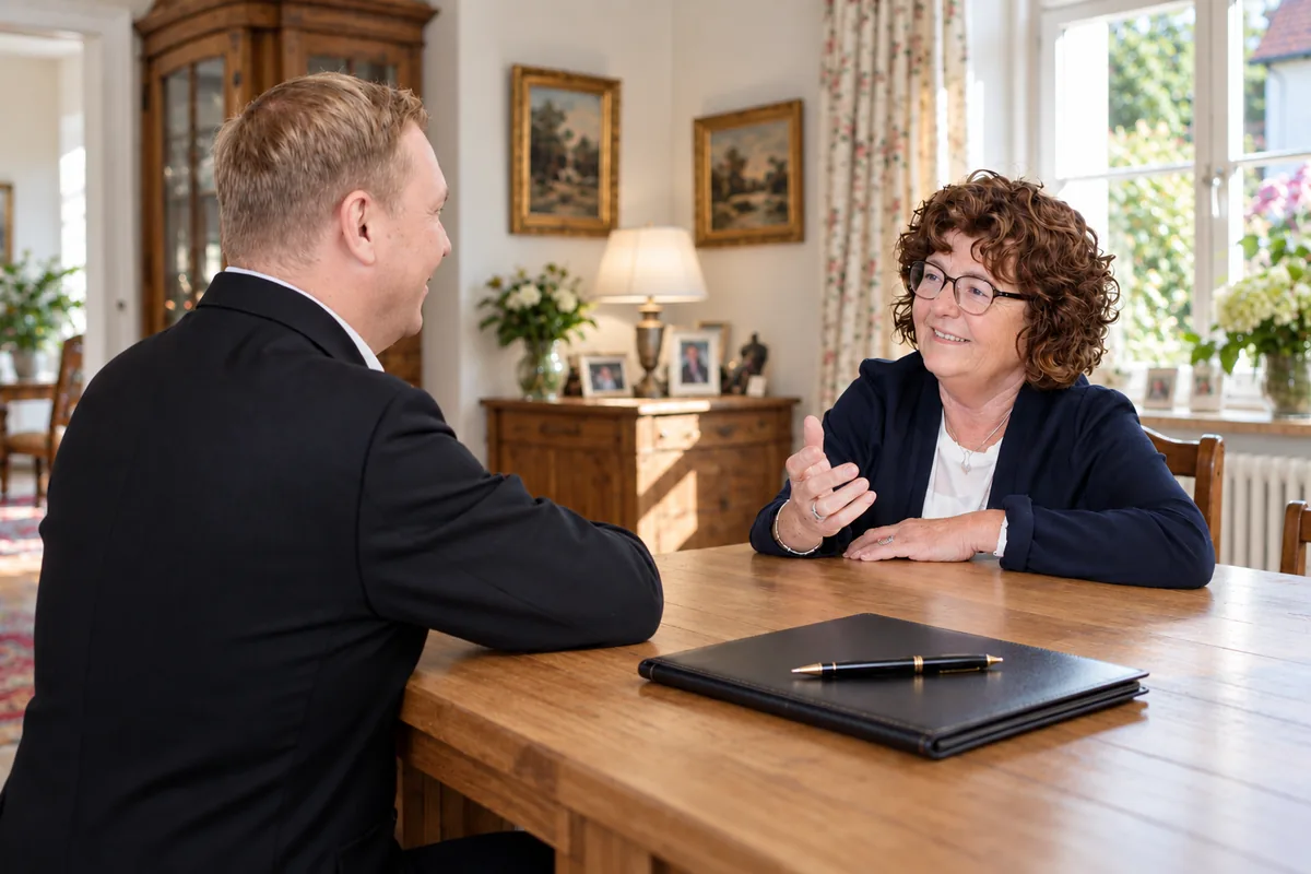 Burkhart Krieglsteiner im Gespräch mit einer Eigentümerin in ihrem Wohnzimmer