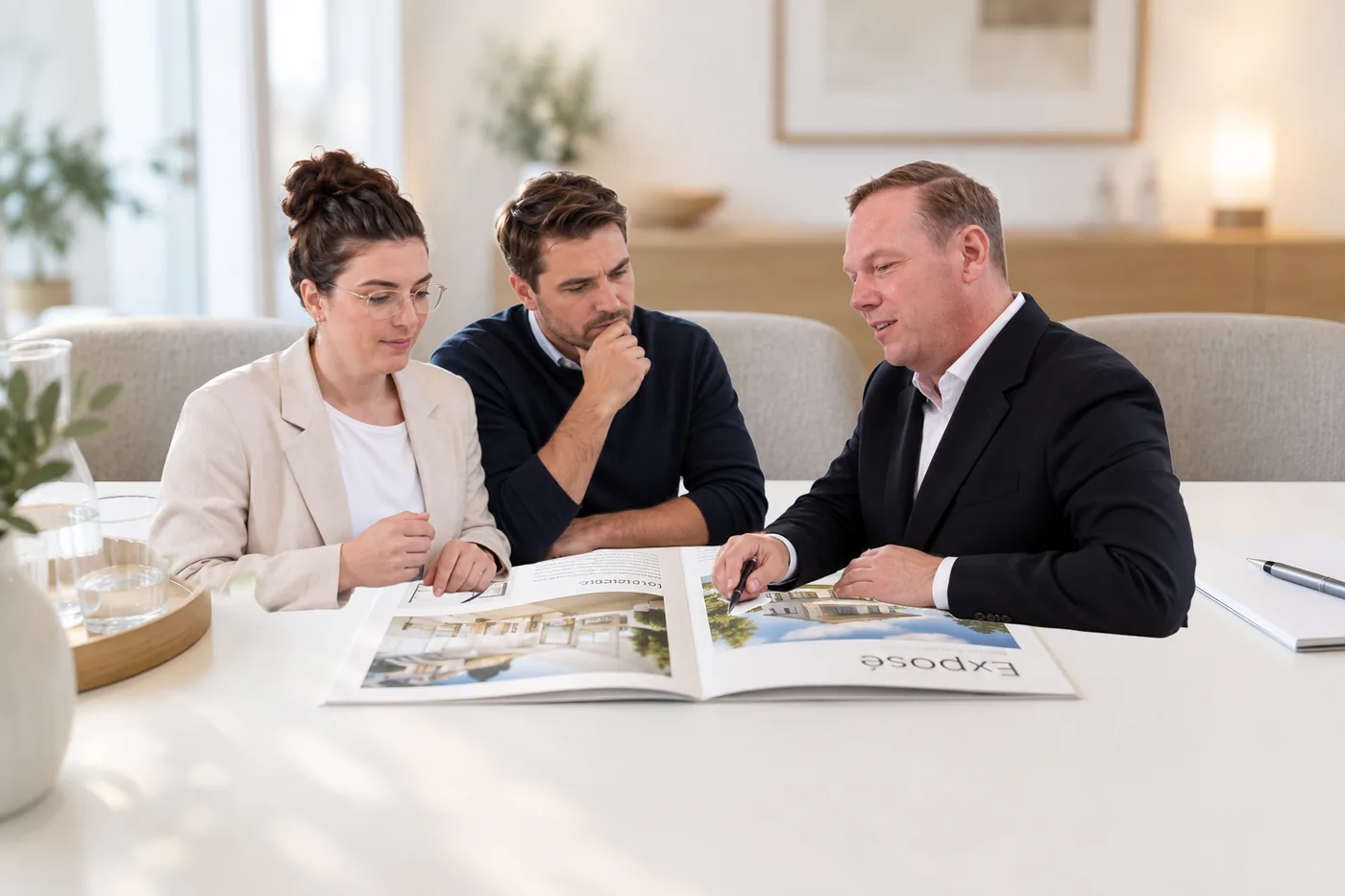 Burkhart Krieglsteiner bespricht mit einem Paar das Exposé der gemeinsamen Immobilie