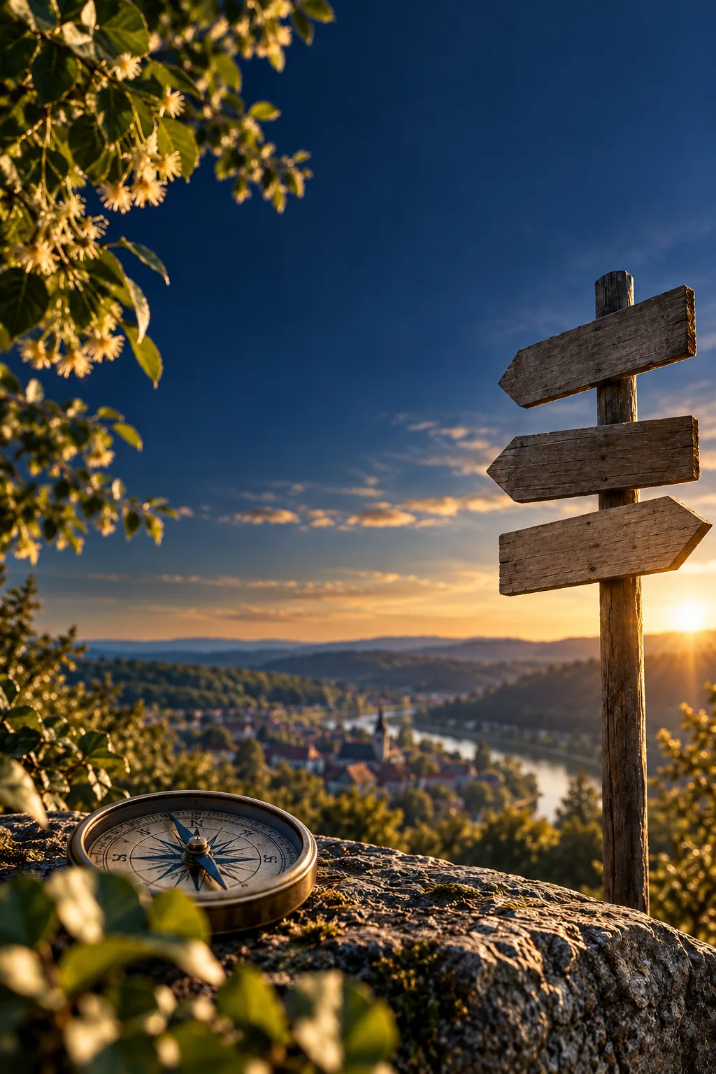 Wegweiser und Kompass im Abendlicht über dem Tal